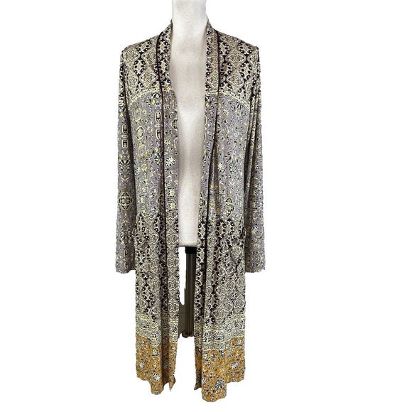 LOGO Lori Goldstein Cardigan Duster House Jacket sz Small Purple Paisley Jersey - Picture 1 of 14